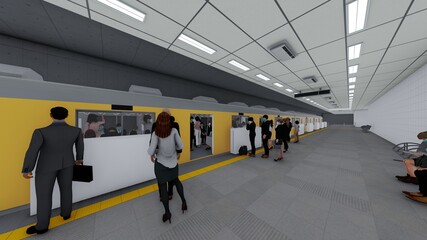 電車黄色 ホーム ドア閉まる 人有り イラスト64 Wall Mural 啓文 佐々木