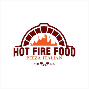 Vintage Logo designs vector, Pizza, brick oven, firewood, fire, simple and elegant white background