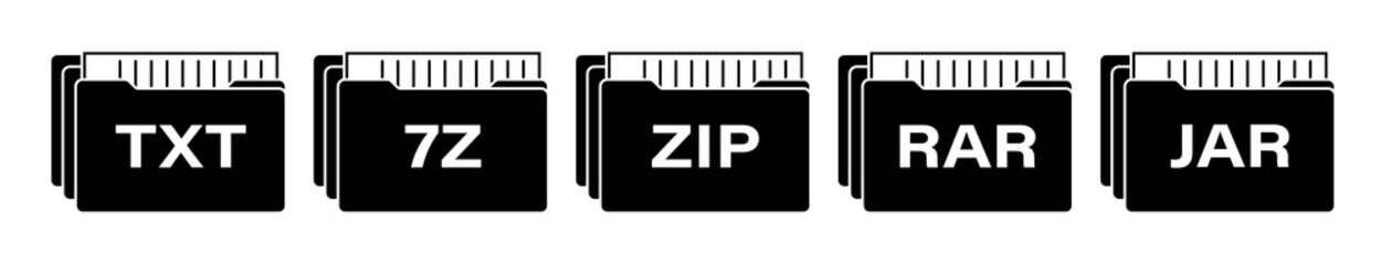 set of black icons of computer data archives with various extensions. Storage and sending large volumes of information on Internet. Isolated vector on white background