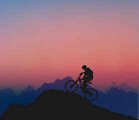 Fototapeta na wymiar Explorer, Cyclist, Mountaintop, Sunset