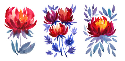 Set watercolor hand-drawn bouquet red flower chrysanthemum and lily with leaves isolated on white background. Art creative nature abstract object for sticker, card, wallpaper, textile or wrapping.