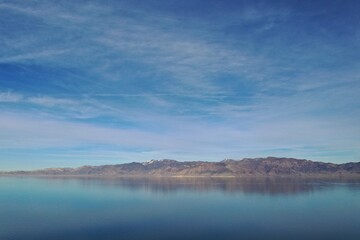 Aerial view of Pyamid Lake near Reno, Nevada on calm winter afternoon.