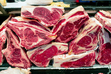 Close up of beef rib cuts of meat for sale