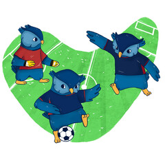 búhos jugando fútbol ilustración infantil