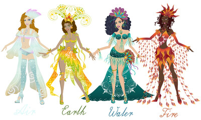 Set, carnival costumes of the four elements, air, earth, water and fire, articulated dolls.