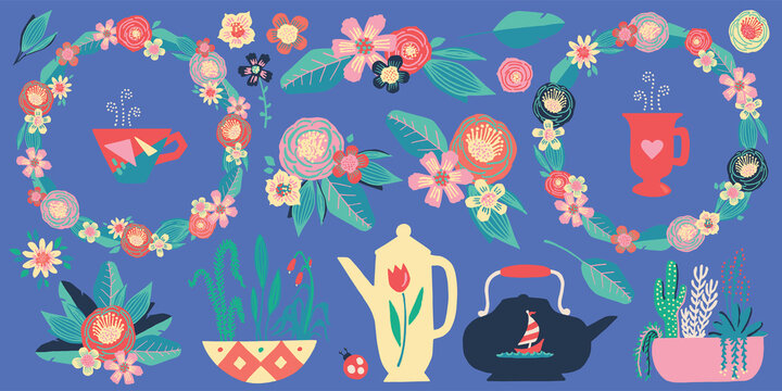 Flower Garden Tea Party Painting Vector Set