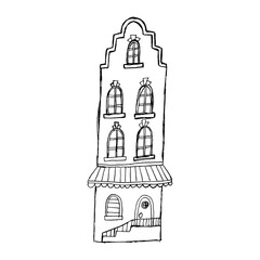 Hand drawn house outline illustration. Traditional vintage building in the city of Amsterdam