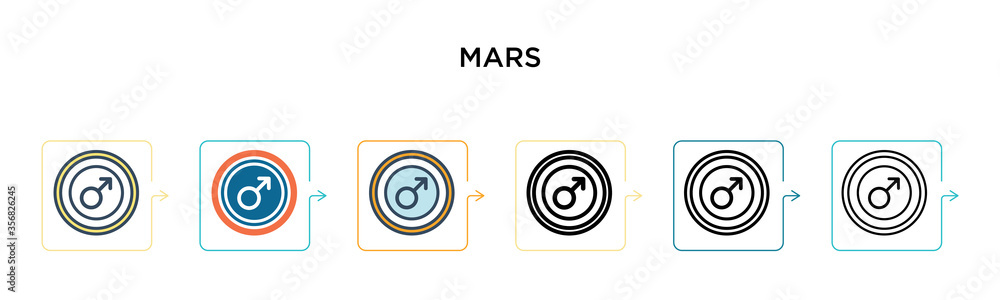 Poster mars vector icon in 6 different modern styles. black, two colored mars icons designed in filled, out