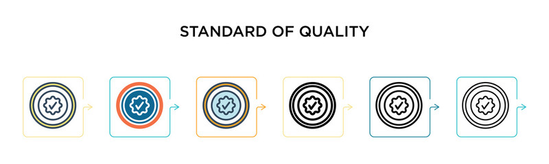 Standard of quality vector icon in 6 different modern styles. Black, two colored standard of quality icons designed in filled, outline, line and stroke style. Vector illustration can be used for web,