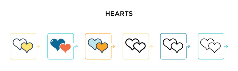 Hearts vector icon in 6 different modern styles. Black, two colored hearts icons designed in filled, outline, line and stroke style. Vector illustration can be used for web, mobile, ui