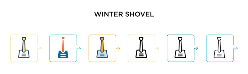 Fototapeta premium Winter shovel vector icon in 6 different modern styles. Black, two colored winter shovel icons designed in filled, outline, line and stroke style. Vector illustration can be used for web, mobile, ui