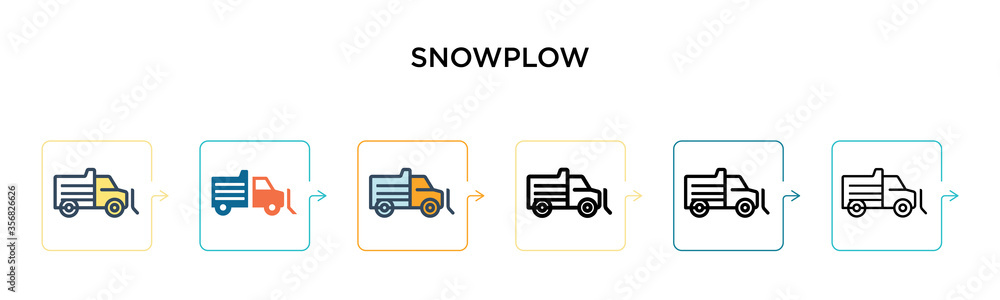 Poster snowplow vector icon in 6 different modern styles. black, two colored snowplow icons designed in fil