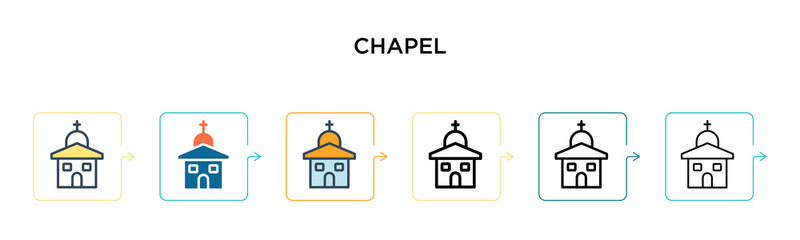 Chapel vector icon in 6 different modern styles. Black, two colored chapel icons designed in filled, outline, line and stroke style. Vector illustration can be used for web, mobile, ui