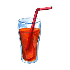 Hand drawn cocktail illustration. Refreshing summer cocktail in glass with a straw