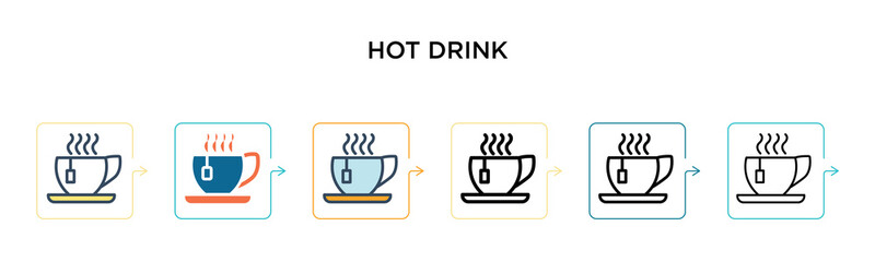 Hot drink vector icon in 6 different modern styles. Black, two colored hot drink icons designed in filled, outline, line and stroke style. Vector illustration can be used for web, mobile, ui