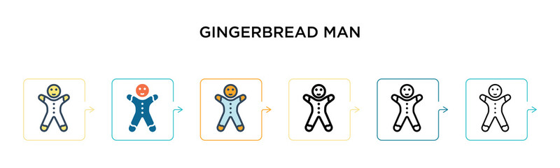 Gingerbread man vector icon in 6 different modern styles. Black, two colored gingerbread man icons designed in filled, outline, line and stroke style. Vector illustration can be used for web, mobile,