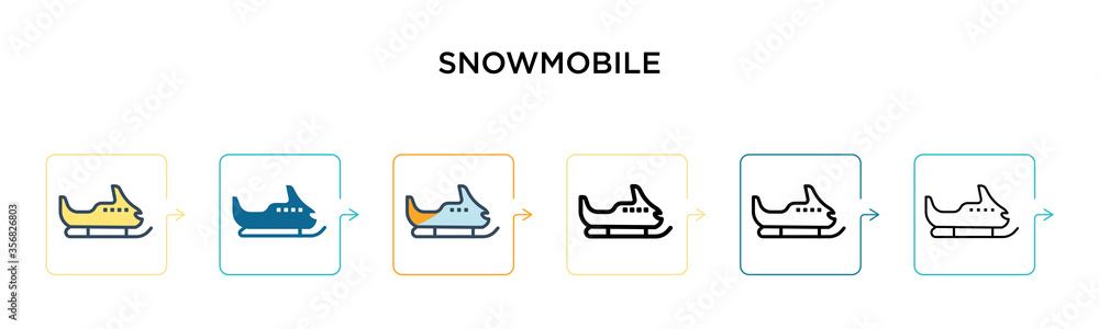 Poster snowmobile vector icon in 6 different modern styles. black, two colored snowmobile icons designed in