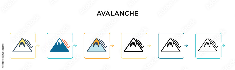 Poster avalanche vector icon in 6 different modern styles. black, two colored avalanche icons designed in f