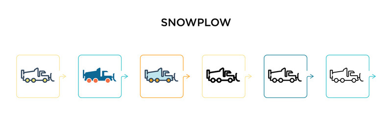 Snowplow vector icon in 6 different modern styles. Black, two colored snowplow icons designed in filled, outline, line and stroke style. Vector illustration can be used for web, mobile, ui