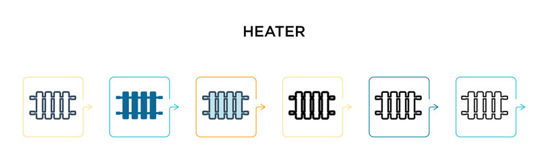 Heater vector icon in 6 different modern styles. Black, two colored heater icons designed in filled, outline, line and stroke style. Vector illustration can be used for web, mobile, ui