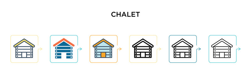 Chalet vector icon in 6 different modern styles. Black, two colored chalet icons designed in filled, outline, line and stroke style. Vector illustration can be used for web, mobile, ui