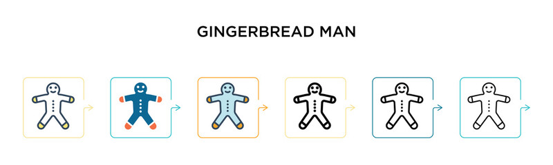 Gingerbread man vector icon in 6 different modern styles. Black, two colored gingerbread man icons designed in filled, outline, line and stroke style. Vector illustration can be used for web, mobile,