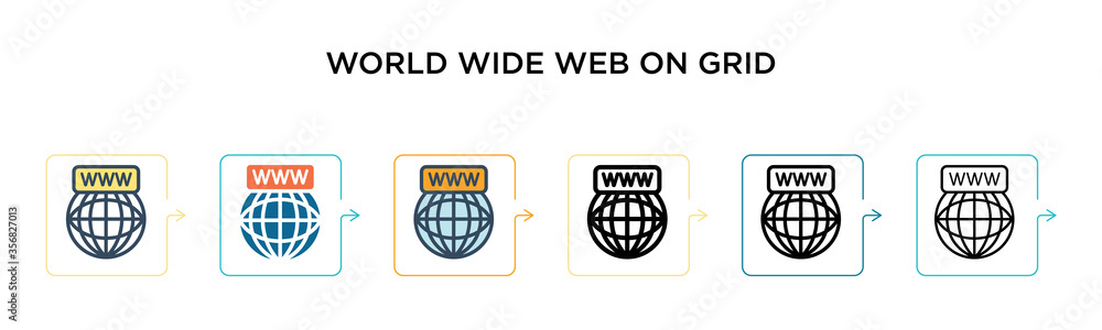 Poster world wide web on grid vector icon in 6 different modern styles. black, two colored world wide web o