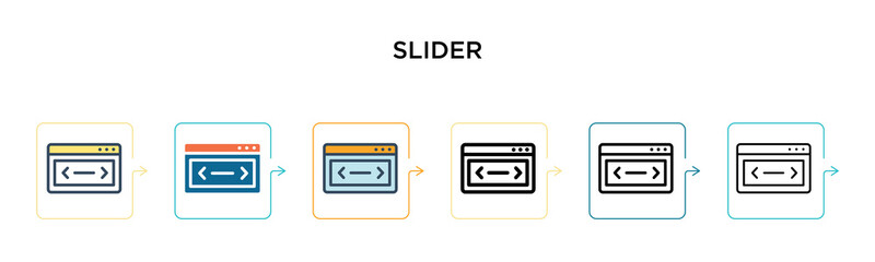 Slider vector icon in 6 different modern styles. Black, two colored slider icons designed in filled, outline, line and stroke style. Vector illustration can be used for web, mobile, ui