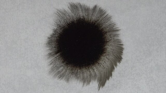 Black ink drip onto wet textured paper and spread. Macro. Slow-motion. Close-up