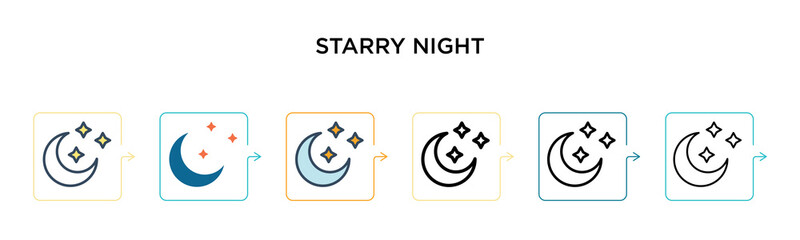 Starry night vector icon in 6 different modern styles. Black, two colored starry night icons designed in filled, outline, line and stroke style. Vector illustration can be used for web, mobile, ui