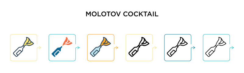 Molotov cocktail vector icon in 6 different modern styles. Black, two colored molotov cocktail icons designed in filled, outline, line and stroke style. Vector illustration can be used for web,