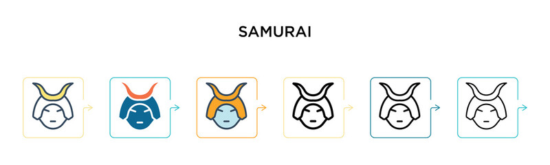 Samurai vector icon in 6 different modern styles. Black, two colored samurai icons designed in filled, outline, line and stroke style. Vector illustration can be used for web, mobile, ui