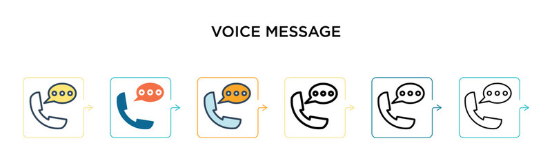 Voice message vector icon in 6 different modern styles. Black, two colored voice message icons designed in filled, outline, line and stroke style. Vector illustration can be used for web, mobile, ui