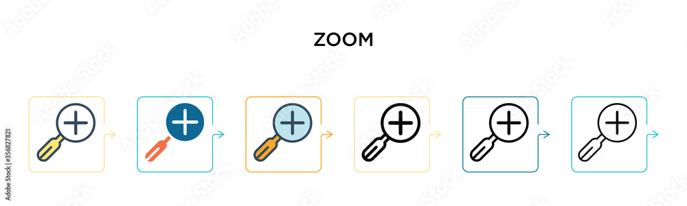 Poster zoom vector icon in 6 different modern styles. black, two colored zoom icons designed in filled, out