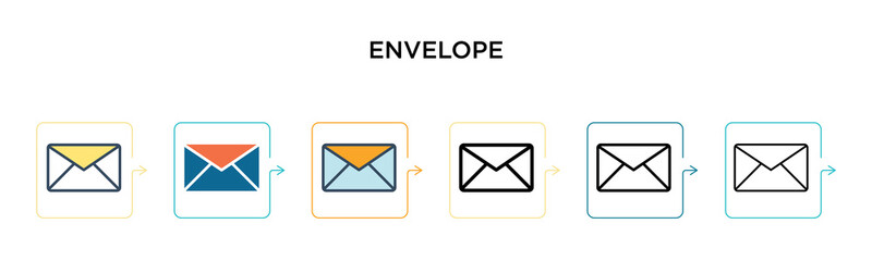 Envelope vector icon in 6 different modern styles. Black, two colored envelope icons designed in filled, outline, line and stroke style. Vector illustration can be used for web, mobile, ui