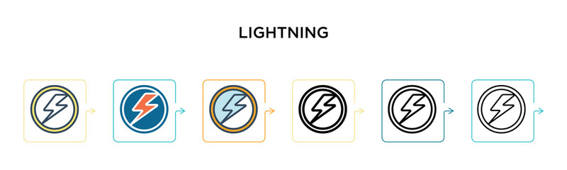 Lightning vector icon in 6 different modern styles. Black, two colored lightning icons designed in filled, outline, line and stroke style. Vector illustration can be used for web, mobile, ui