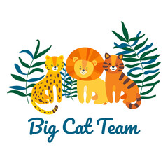 Naklejka premium Big cat team with leopard, lion and tiger sitting together. Floral ornament and inscription. Isolated vector illustration in flat style
