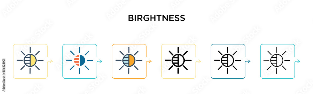 Poster birghtness vector icon in 6 different modern styles. black, two colored birghtness icons designed in