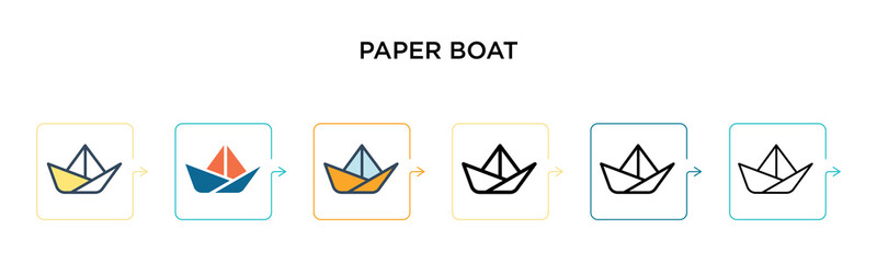 Paper boat vector icon in 6 different modern styles. Black, two colored paper boat icons designed in filled, outline, line and stroke style. Vector illustration can be used for web, mobile, ui