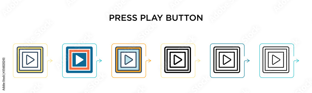 Poster press play button vector icon in 6 different modern styles. black, two colored press play button ico