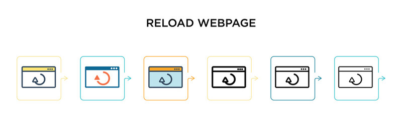 Reload webpage vector icon in 6 different modern styles. Black, two colored reload webpage icons designed in filled, outline, line and stroke style. Vector illustration can be used for web, mobile, ui