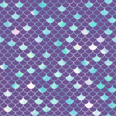 shimmering iridescent colorful mermaid scales seamless pattern in turquoise blue on a purple background