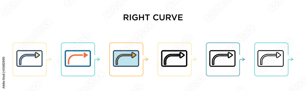 Poster right curve sign vector icon in 6 different modern styles. black, two colored right curve sign icons