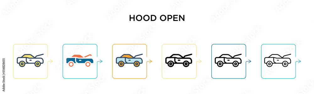 Poster hood open vector icon in 6 different modern styles. black, two colored hood open icons designed in f