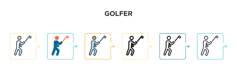 Golfer vector icon in 6 different modern styles. Black, two colored golfer icons designed in filled, outline, line and stroke style. Vector illustration can be used for web, mobile, ui