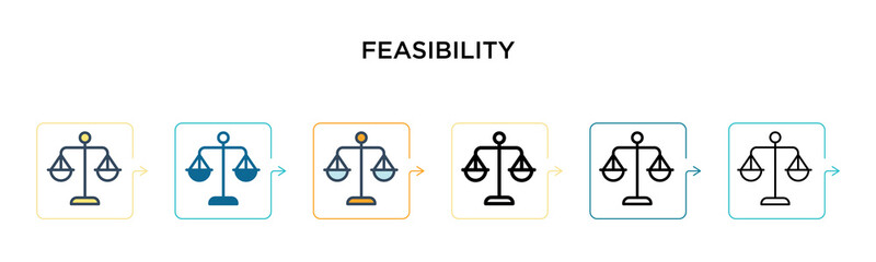 Feasibility vector icon in 6 different modern styles. Black, two colored feasibility icons designed in filled, outline, line and stroke style. Vector illustration can be used for web, mobile, ui