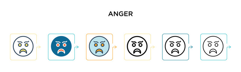 Anger vector icon in 6 different modern styles. Black, two colored anger icons designed in filled, outline, line and stroke style. Vector illustration can be used for web, mobile, ui