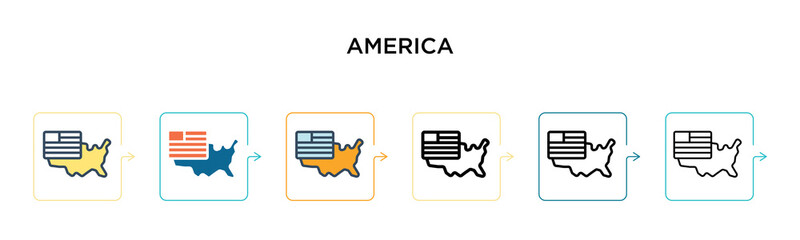 America vector icon in 6 different modern styles. Black, two colored america icons designed in filled, outline, line and stroke style. Vector illustration can be used for web, mobile, ui
