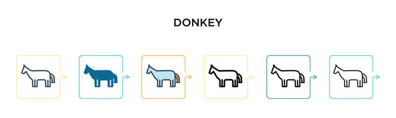 Donkey vector icon in 6 different modern styles. Black, two colored donkey icons designed in filled, outline, line and stroke style. Vector illustration can be used for web, mobile, ui