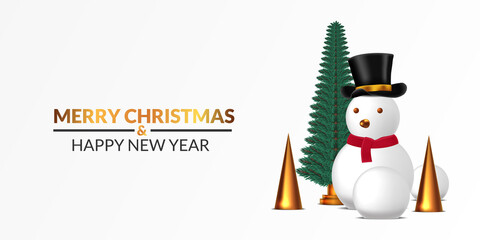 Merry christmas and happy new year poster banner template. Snowman illustration with pine tree decoration and golden cone with white background. luxury elegant